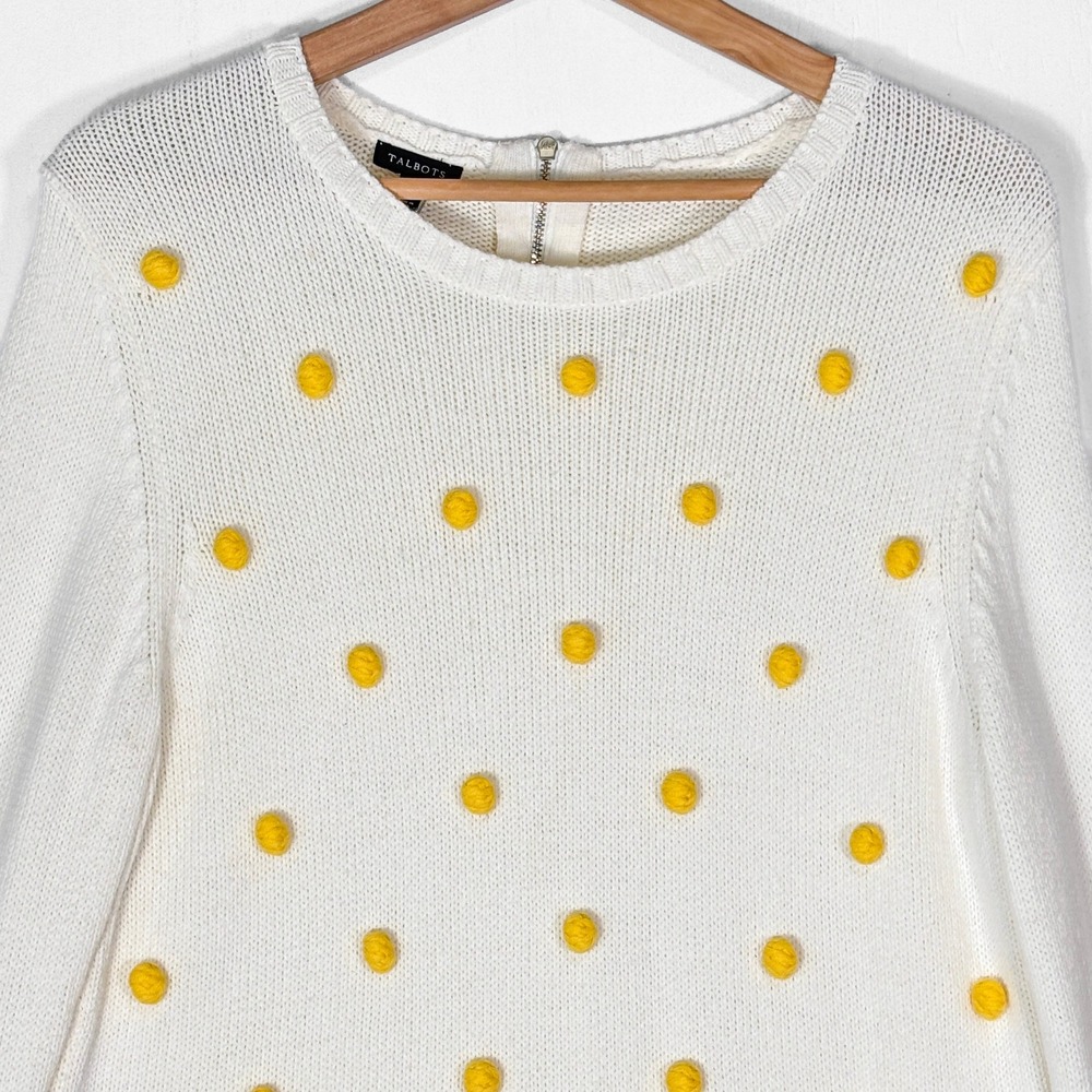 Talbots Womens Cream White Yellow Pom Pom Sweater L Playful Bright Polka Dot‎